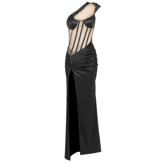 One Shoulder Mesh Insert Maxi Dress Black HV1556