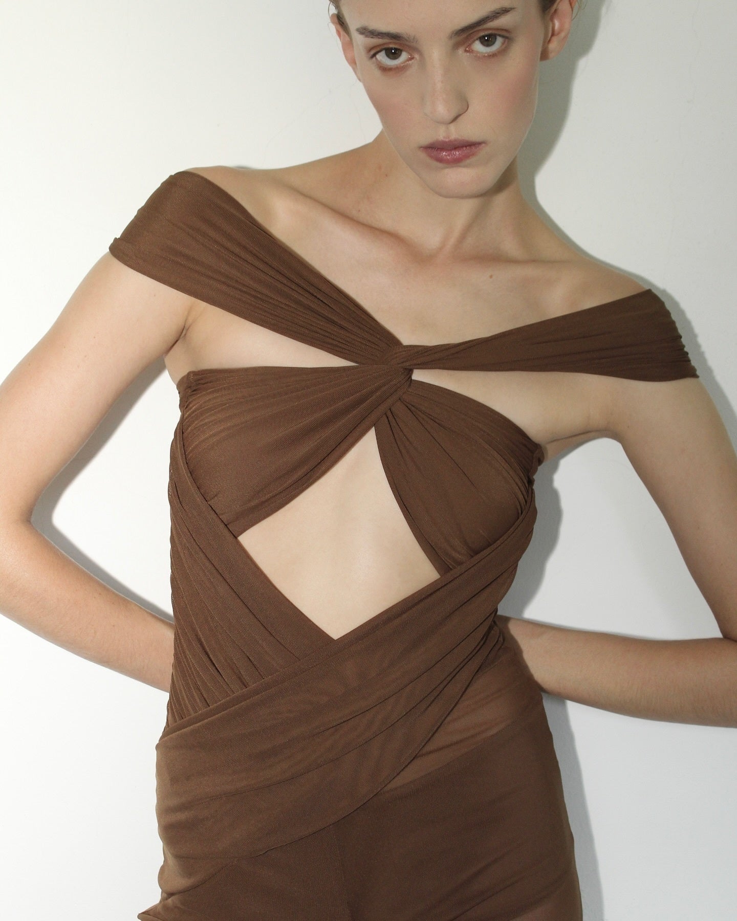 Draped Bardot Maxi Dress Brown HV2354