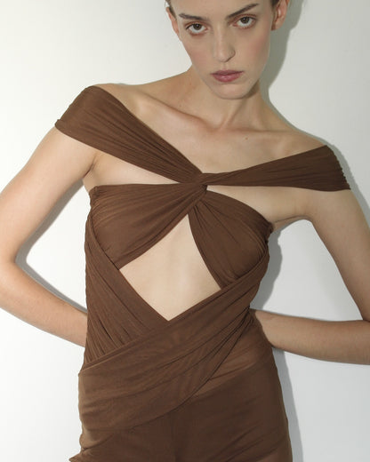 Draped Bardot Maxi Dress Brown HV2354