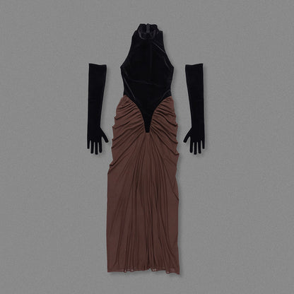 Halter Draped Maxi Velvet Dress Black Brown HV