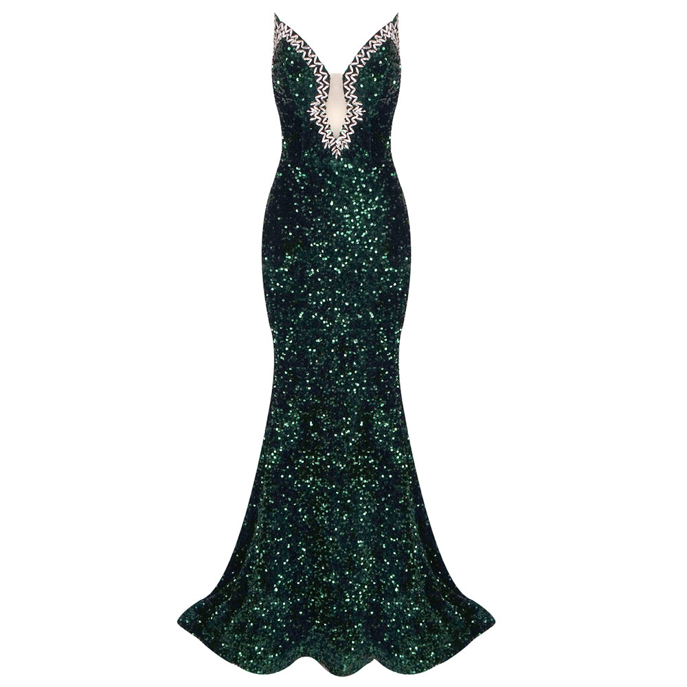 Strapless Crystal Sequin Mermaid Maxi Dress  HV1508