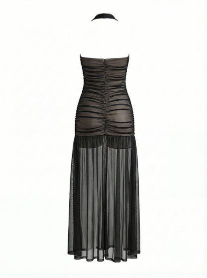 Halter Ruched Mesh Maxi Dress Black HV2753