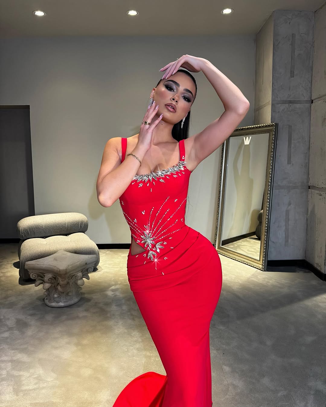 Crystal Draped Maxi Dress Red