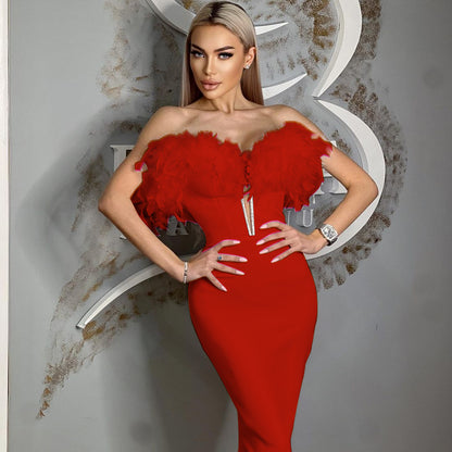 Off Shoulder Feather Midi Dress  HV9564