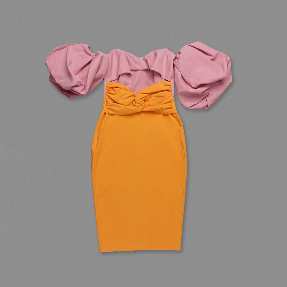 Puff Sleeve Bardot Midi Dress Pink Orange HV0002
