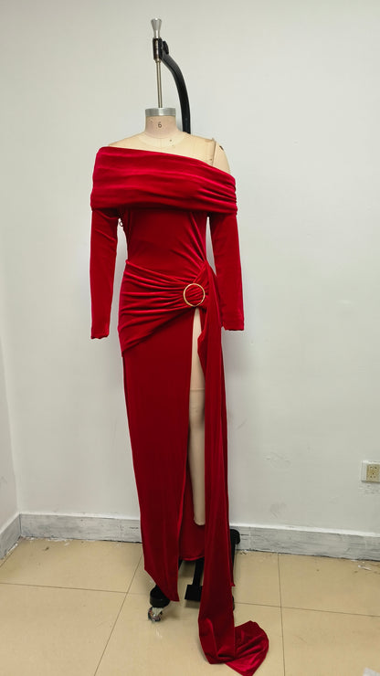 Long Sleeve Draped Bardot Maxi Velvet Dress Red HV2061