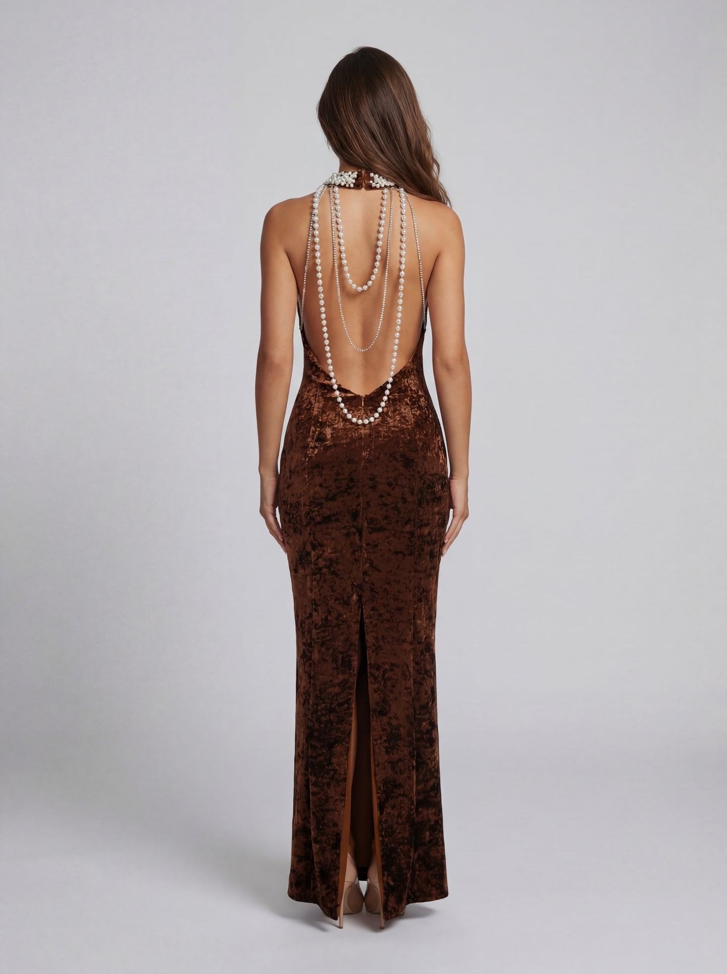 Halter Pearl Embellished Maxi Velvet Dress Brown HV2916