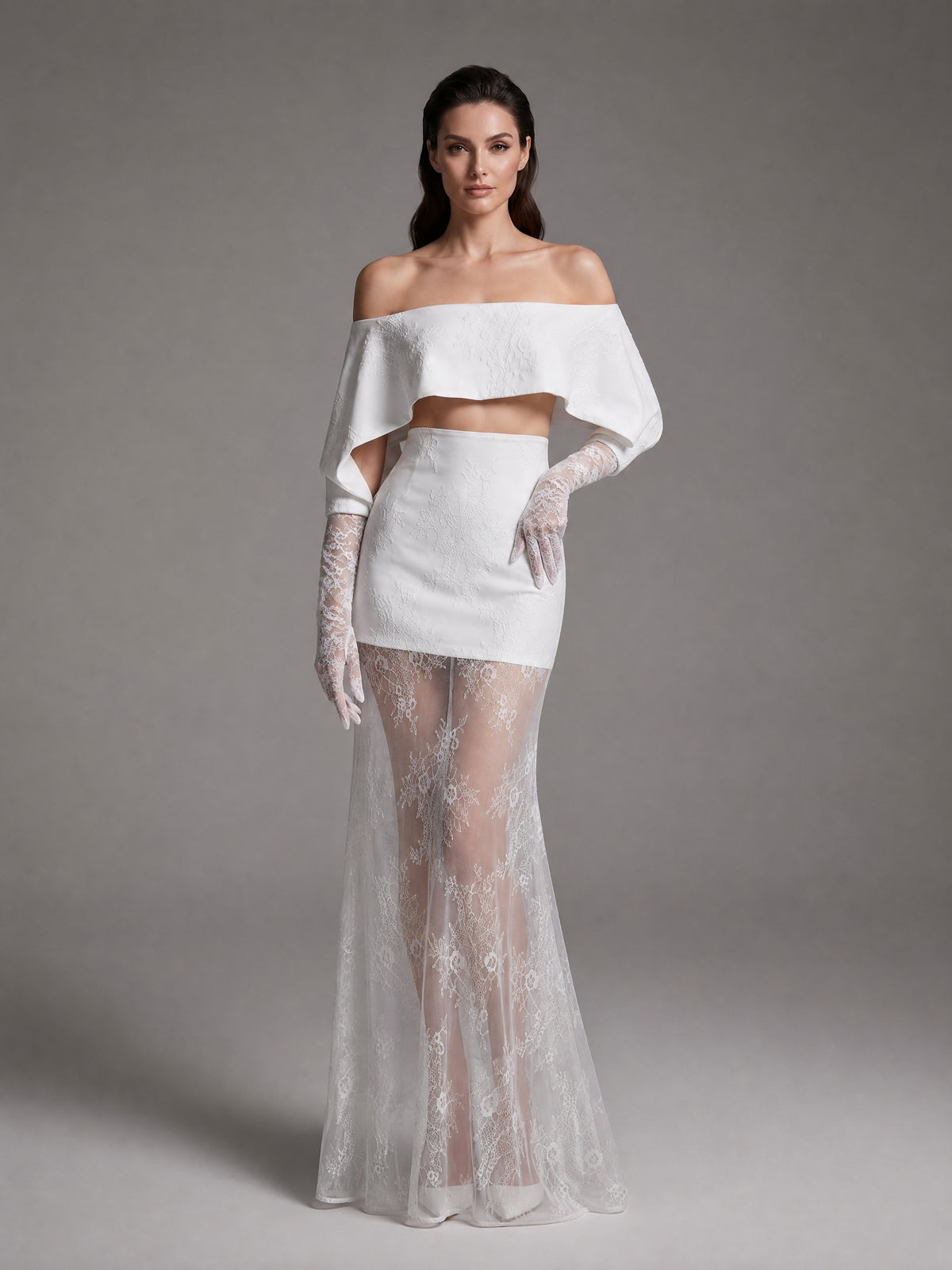 Lace Glove Sleeves Bardot Maxi Dress White HV3235