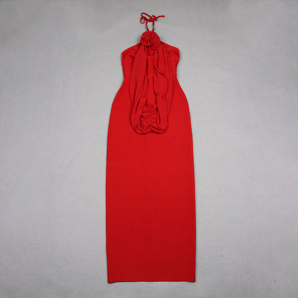 Halter Flower Draped Maxi Dress Red HV1083