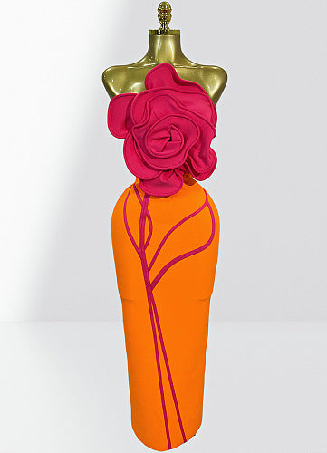 Strapless Floral Detail Maxi Dress Hot Pink Orange HV3045