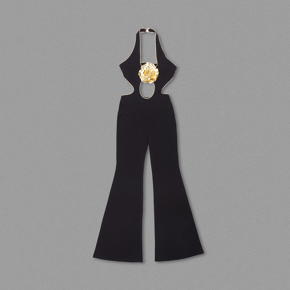 Halter Floral Jumpsuit Black Gold HV1638