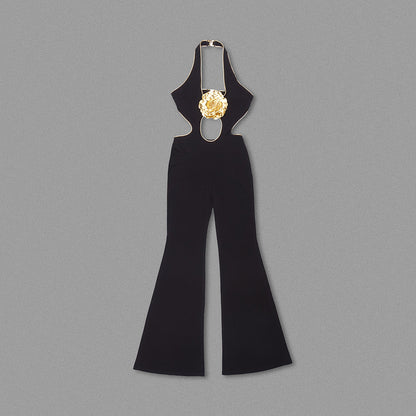 Halter Floral Jumpsuit Black Gold HV1638
