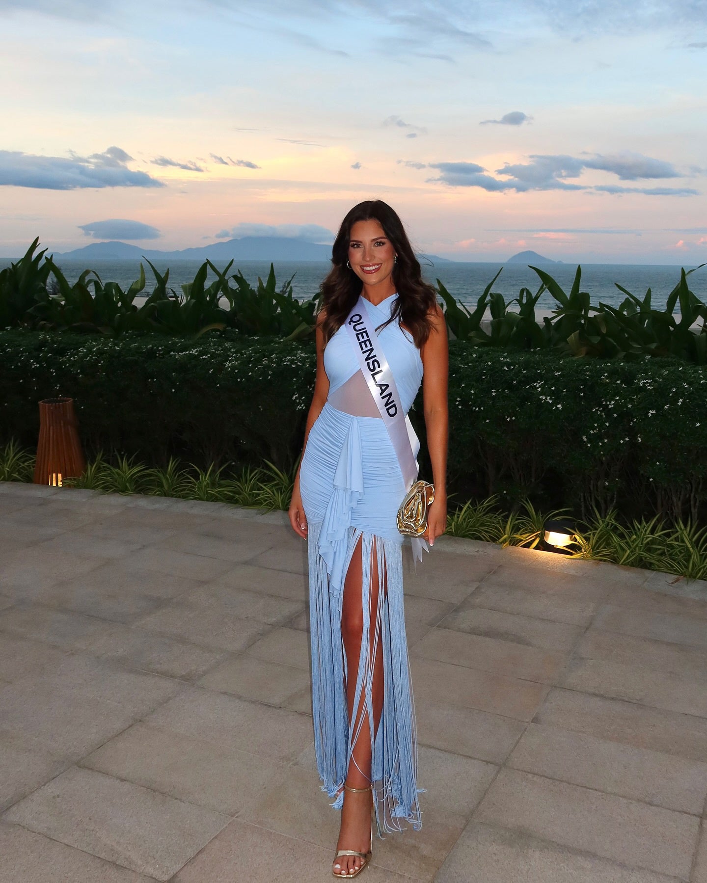 Draped Ruffle Tassel Maxi Dress Blue HV0008