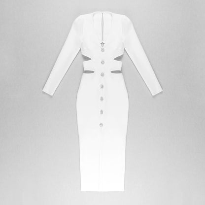 Long Sleeve Cut Out Midi Dress White HV8256