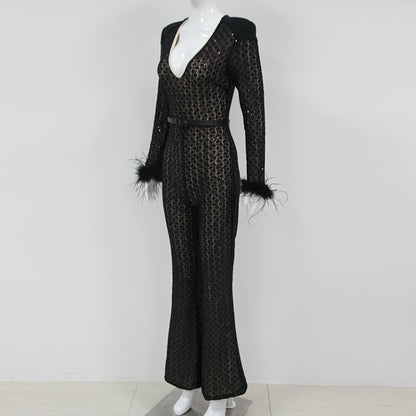 Feather Long Sleeve Sequin Jumpsuit Black HV1470