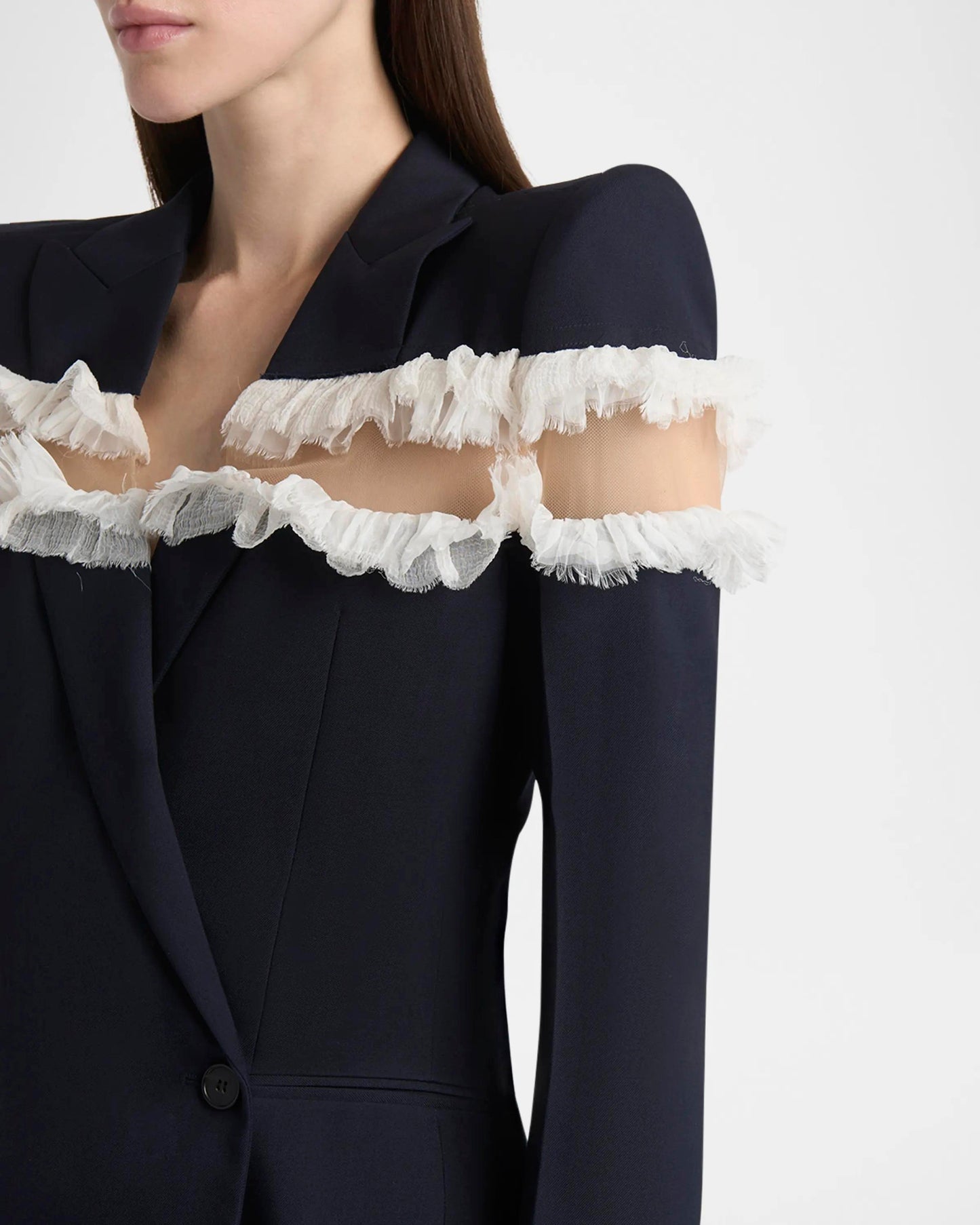 Frayed Ruffle Detail Suit Navy Blue HV2804