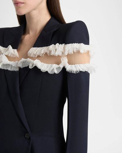 Frayed Ruffle Detail Suit Navy Blue HV2804