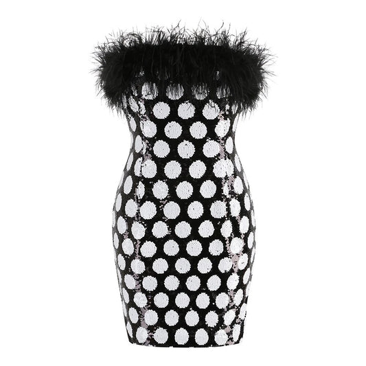 Strapless Feather Sequin Dress Black White HV875