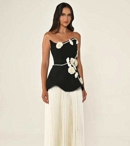 Strapless Floral Peplum Pleated Midi Dress Black White HV2612