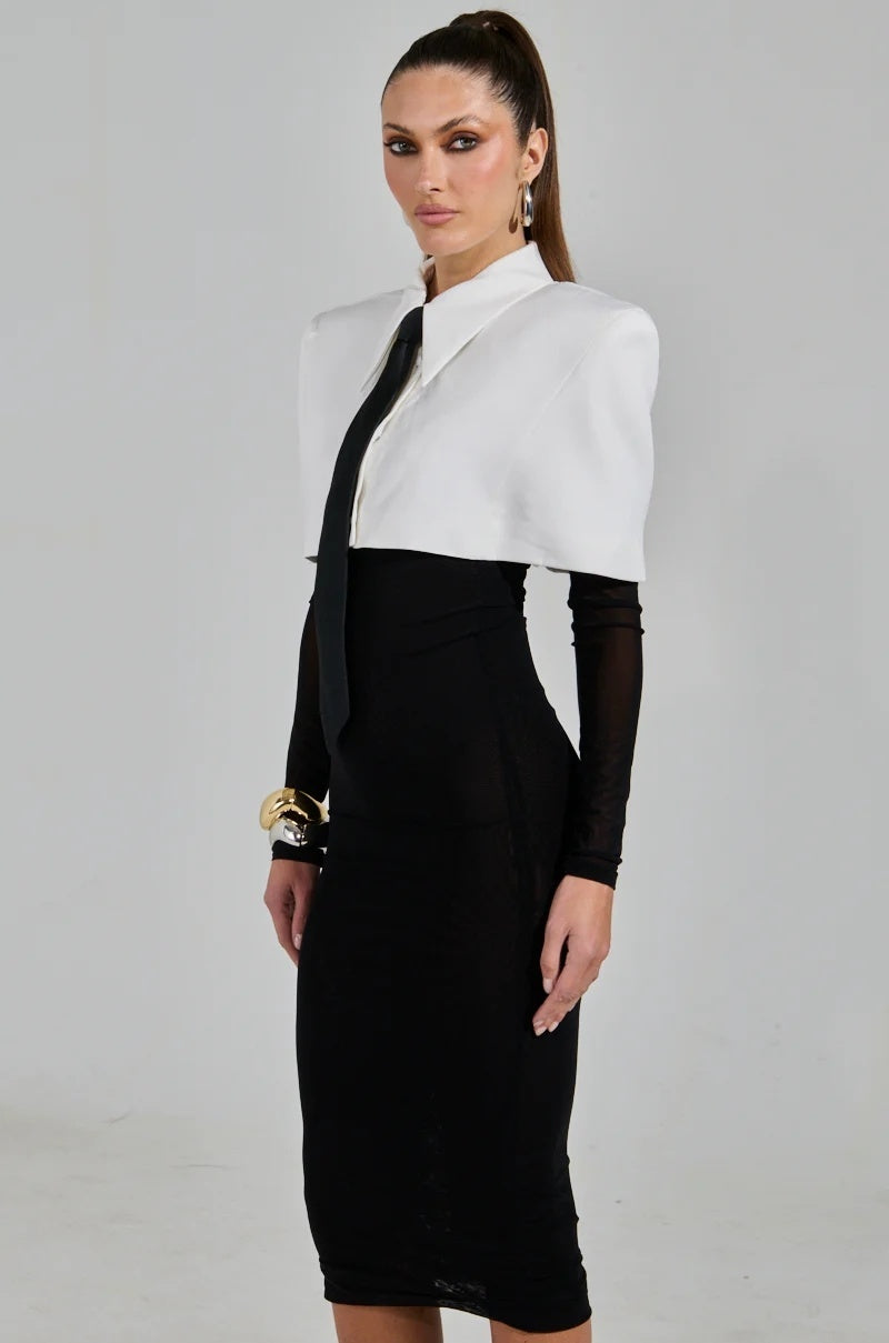 Long Sleeve Shirt Midi Dress Black White HV2453