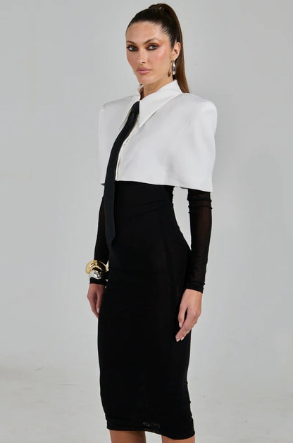 Long Sleeve Shirt Midi Dress Black White HV2453