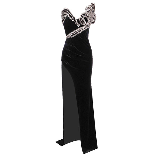 Strapless Crystal Filigree Maxi Velvet Dress Black HV1298