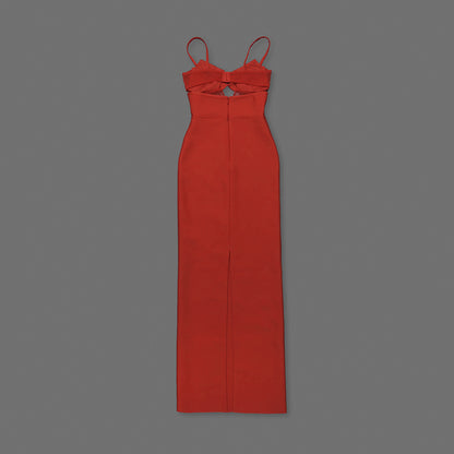 Bustier Draped Mesh Insert Maxi Dress Red HV2094