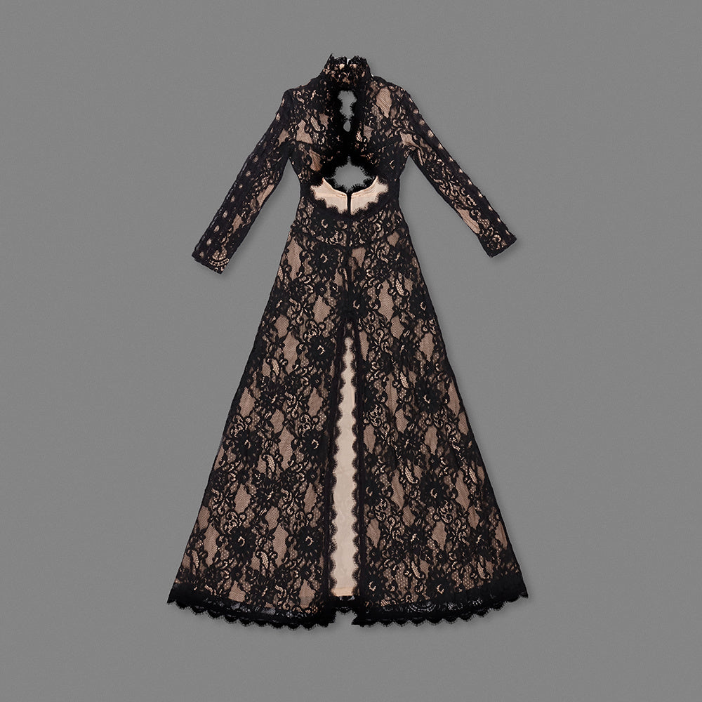 Long Sleeve Cut Out Lace Maxi Dress Black HV2038