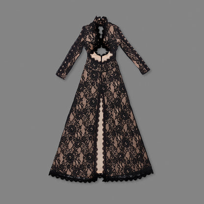 Long Sleeve Cut Out Lace Maxi Dress Black HV2038