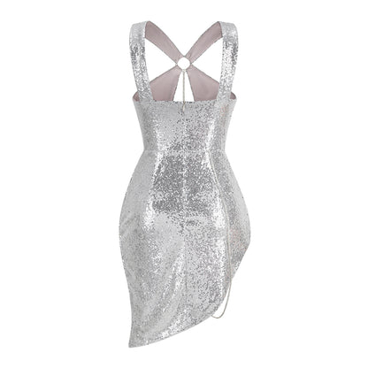 Halter Sequin Asymmetric Dress Silver HV9787