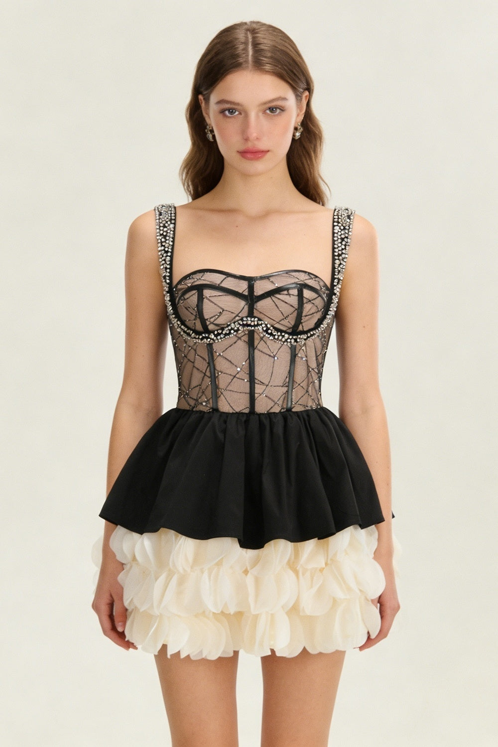 Crystal Bustier Petal A Line Dress Black Ivory HV2878