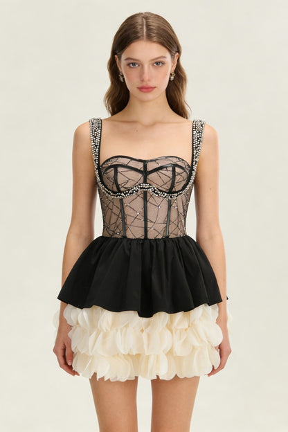 Crystal Bustier Petal A Line Dress Black Ivory HV2878