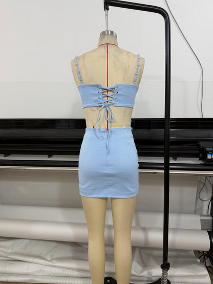 Embellished Starfish Corset Two Piece Dress Blue HV3207