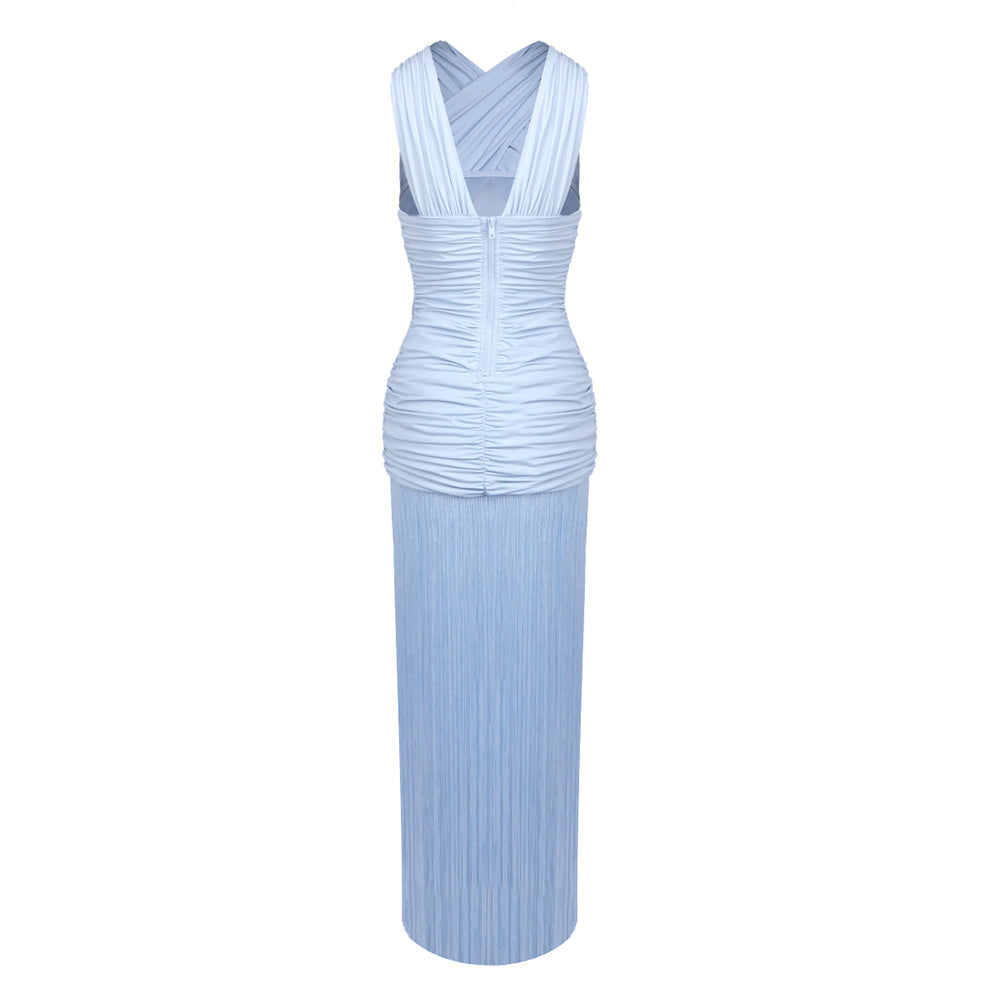 Draped Ruffle Tassel Maxi Dress Blue HV0008
