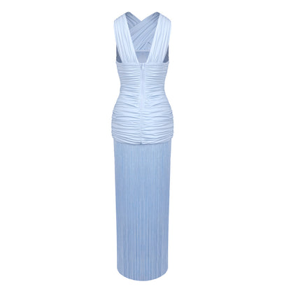 Draped Ruffle Tassel Maxi Dress Blue HV0008