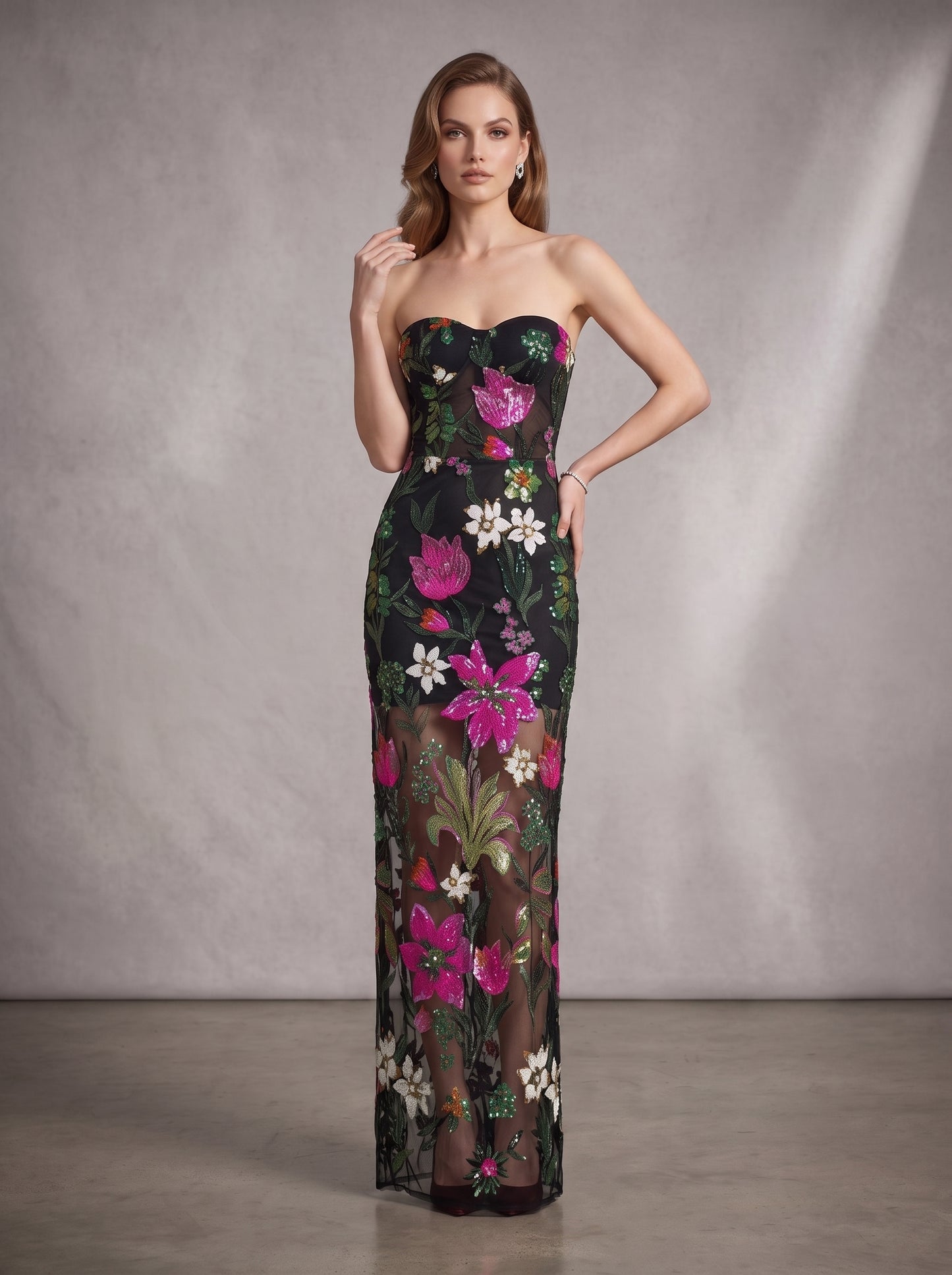 Strapless Sequin Floral Embroidered Maxi Dress Black HV3133