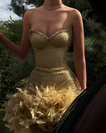 Crystal Strapless Feather Dress Gold HV2700