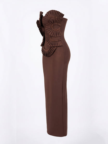Strapless Pleated Detail Maxi Dress Brown HV3067