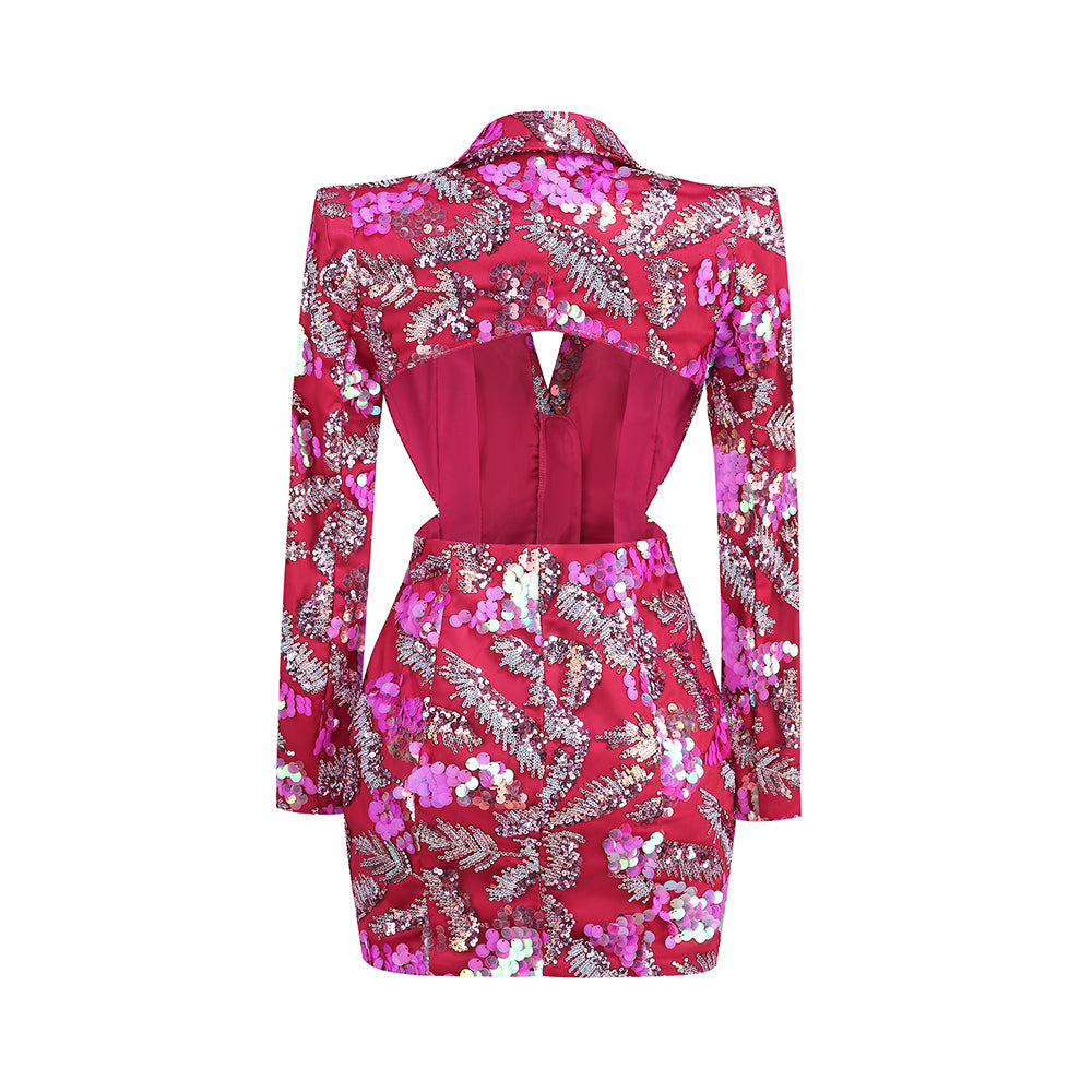 Long Sleeve Sequin Backless Blazer Dress Hot Pink HV1277