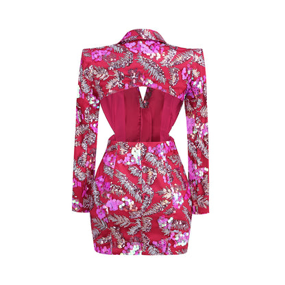 Long Sleeve Sequin Backless Blazer Dress Hot Pink HV1277