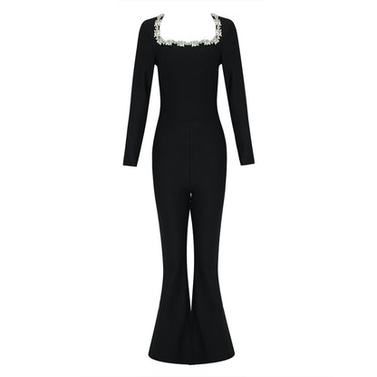 Long Sleeve Crystal Jumpsuit Black HV1093