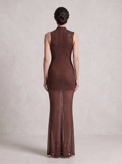 Asymmetric Embellished Maxi Dress Brown HV3200