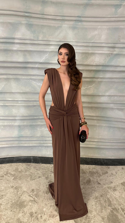Backless Draped Maxi Dress Brown HV2673