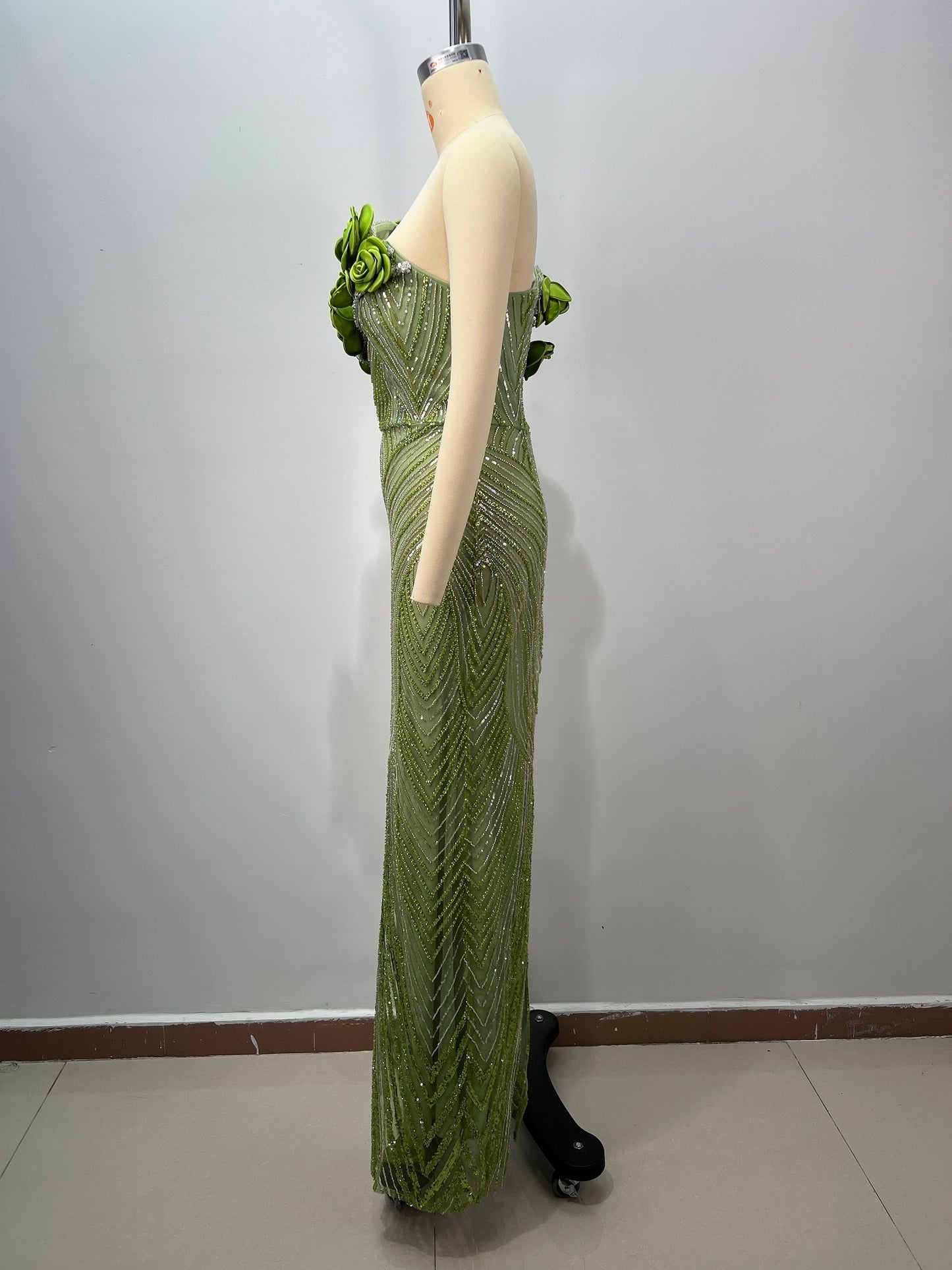 Floral Bardot Sequin Maxi Dress Green HV2400