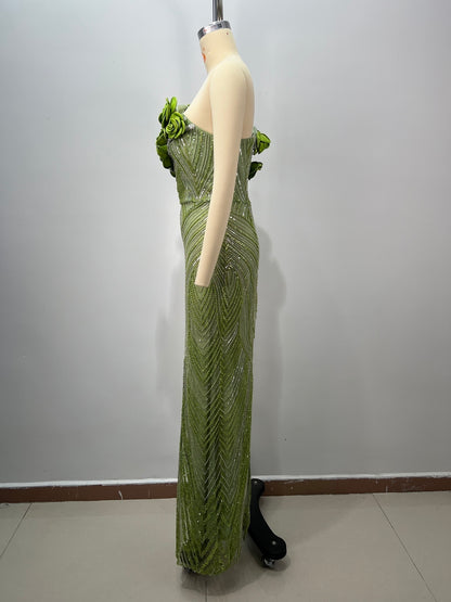 Floral Bardot Sequin Maxi Dress Green HV2400