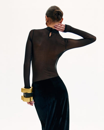 Long Sleeve Bustier Mesh Maxi Dress Black HV1537