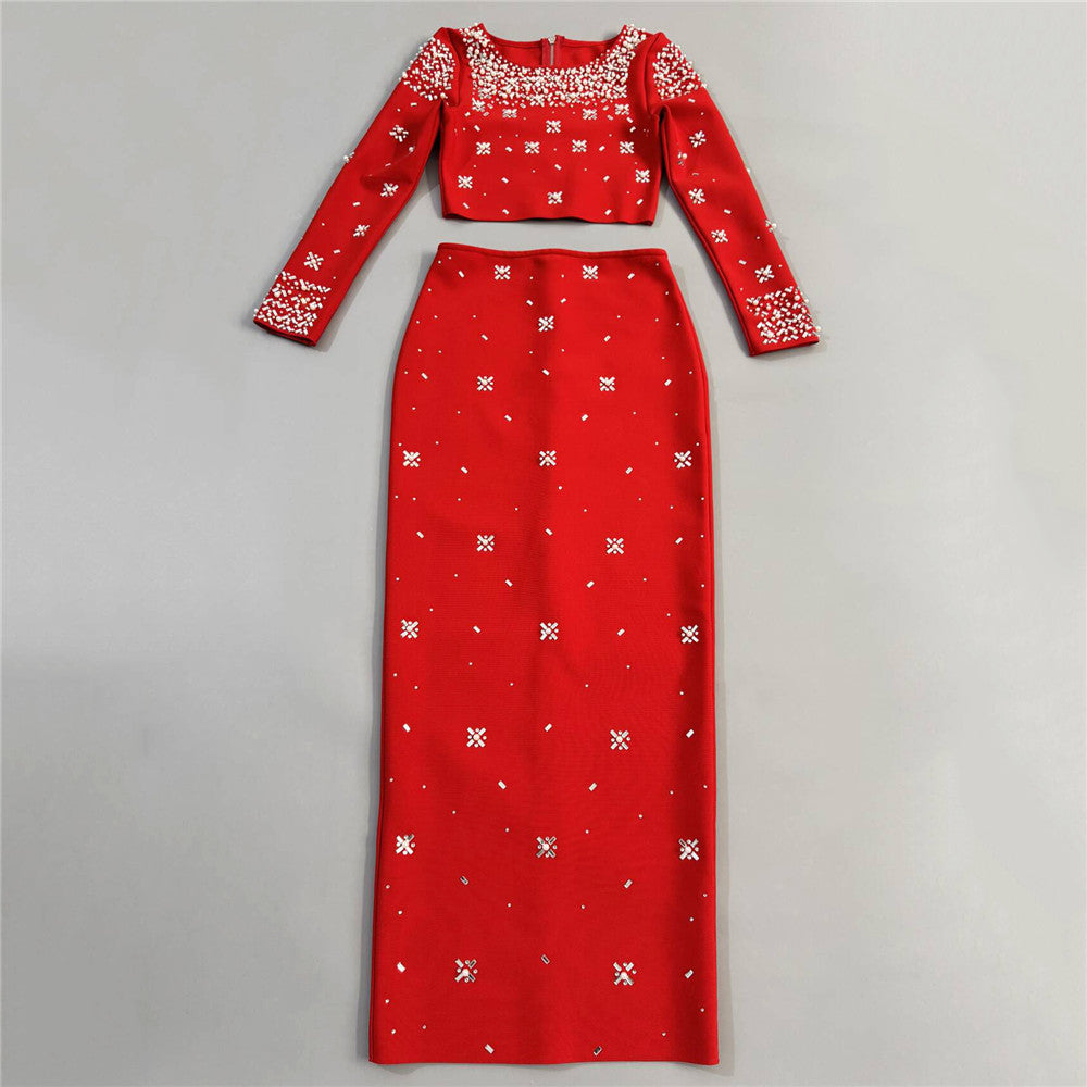 Long Sleeve Crystal Embellished Two Piece Maxi Dress HV3098