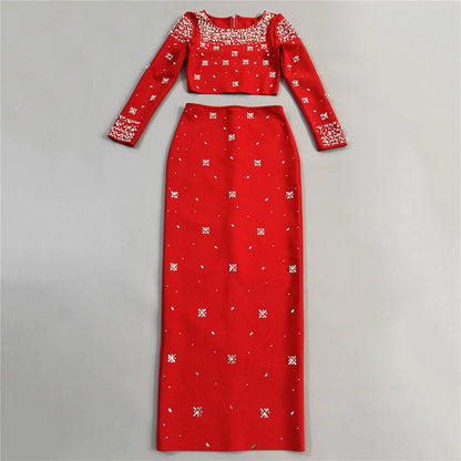 Long Sleeve Crystal Embellished Two Piece Maxi Dress HV3098