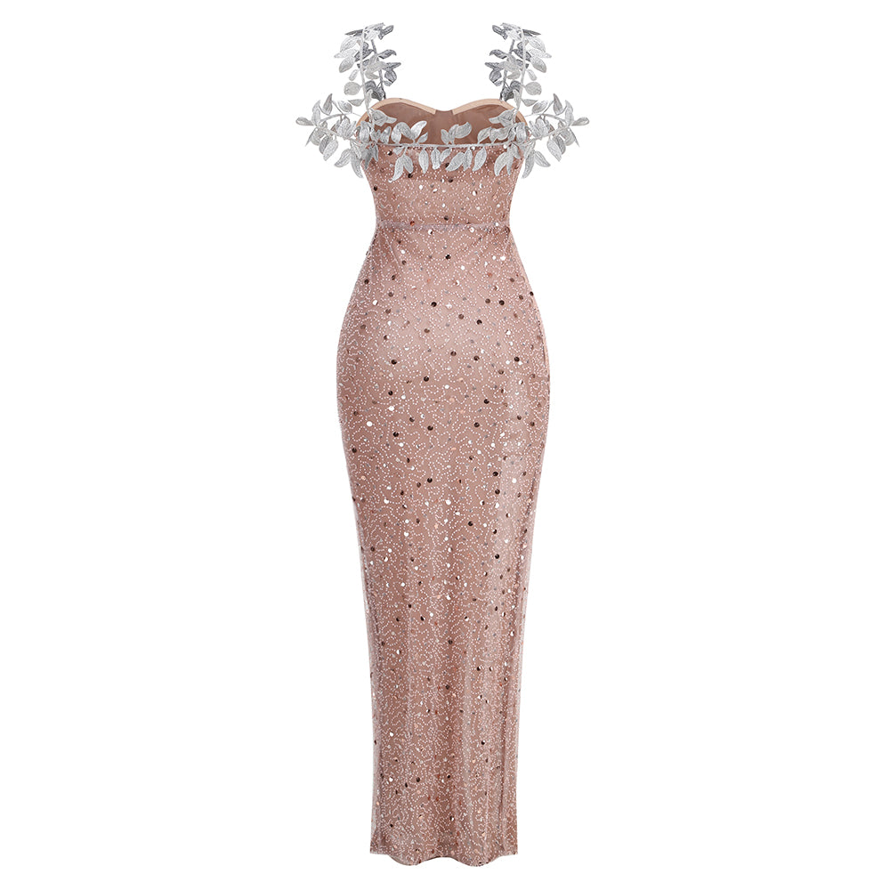 Leaf Detail Sequin Maxi Dress Rose Gold HV1450