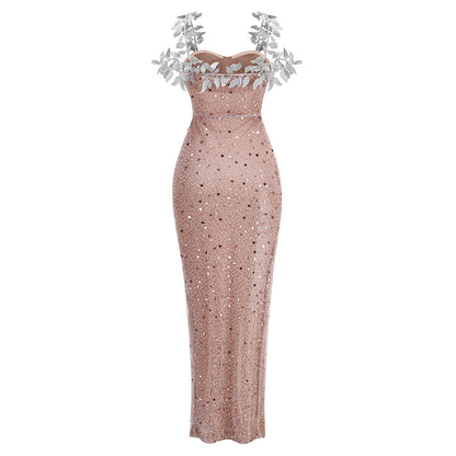 Leaf Detail Sequin Maxi Dress Rose Gold HV1450